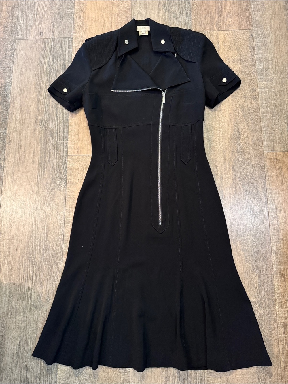 Karen Millen Tailored Black Short-Sleeve Asymmetric Zip Flared Dress | Size 6